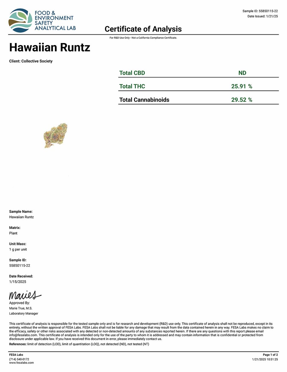 DoughLicious Hawaiian Runtz Exotic THCA Flower COA 1-21-25