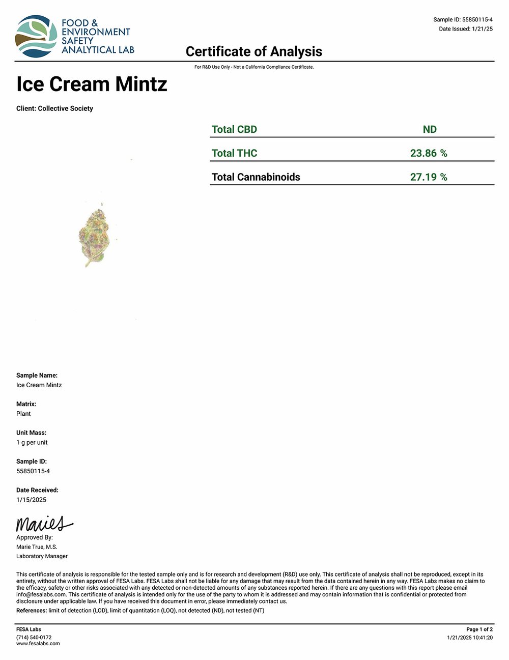 DoughLicious Ice Cream Mintz Exotic THCA Flower COA 1-21-25