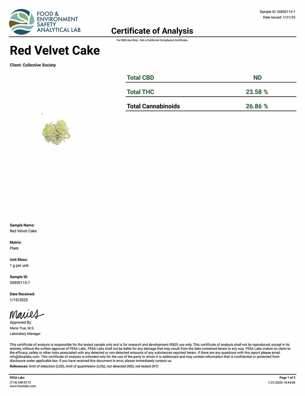 DoughLicious Red Velvet Cake Exotic THCA Flower COA 1-21-25