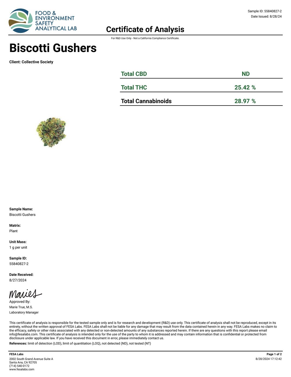 Lost Jane Biscotti Gushers Exotic THCA Flower COA 8-28-24
