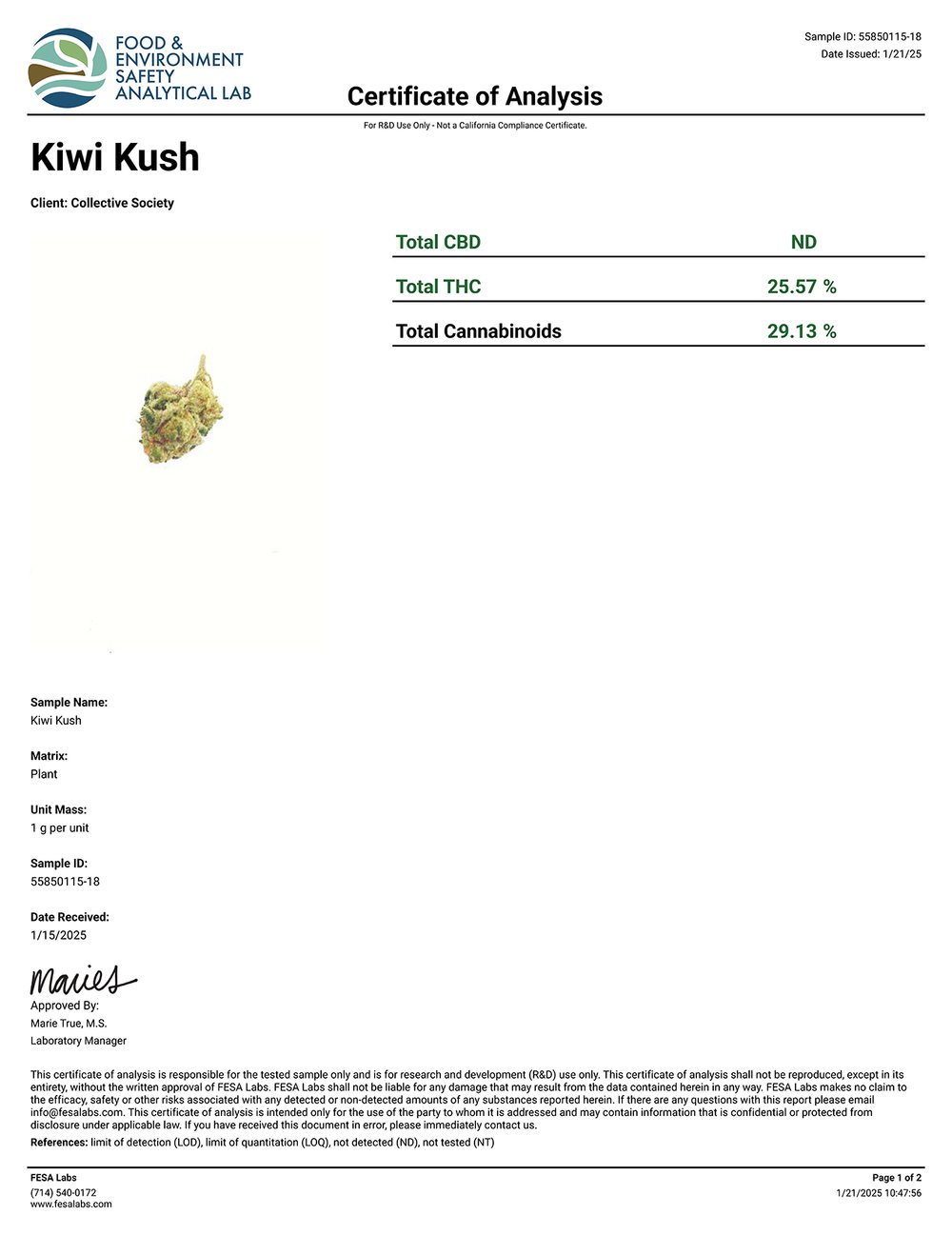 Lost Jane Kiwi Kush Exotic THCA Flower COA 1-21-25